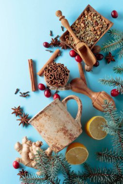Mug and ingredients for making a winter hot drink on a blue background. Top view.