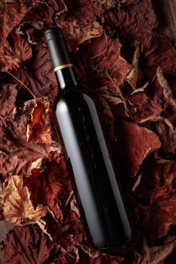 Bottle of red wine on dried-up vine leaves. Top view.