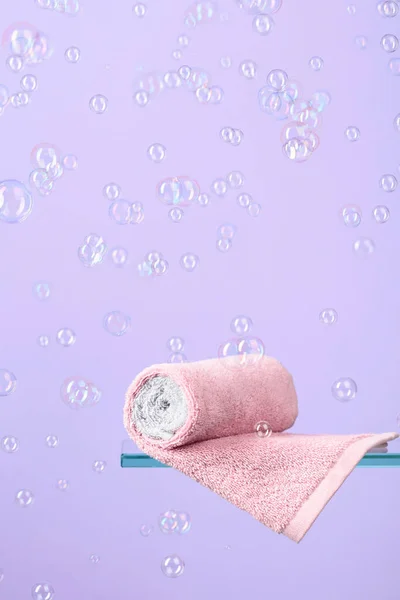 Towel Glass Shelf Violet Background Bubbles Concept Theme Bath Hygiene — Photo