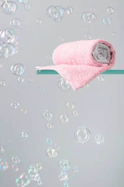 Towel Glass Shelf Background Bubbles Concept Theme Bath Hygiene Copy — Stock Photo, Image