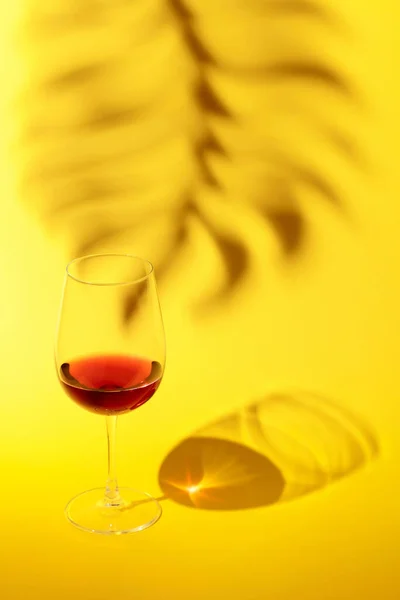 Glass Red Wine Sunlight Long Shadow Refraction Patterns Palm Leaf — Zdjęcie stockowe
