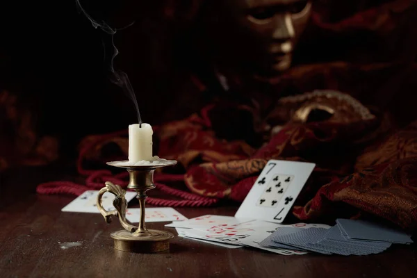 Game Still Life Extinguished Candle Playing Cards Carnival Masks Old — Stock Photo, Image