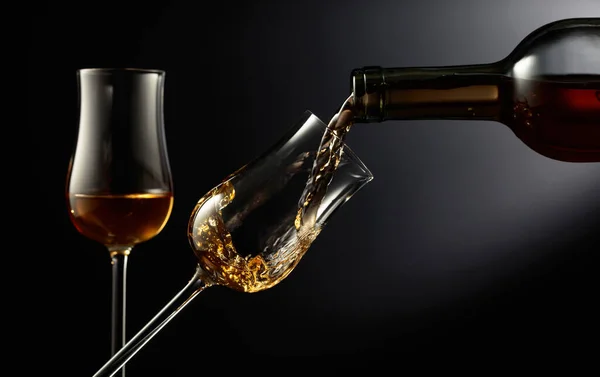 Two Glasses Premium Alcohol Drink Poured Bottle Glass Copy Space — Fotografia de Stock