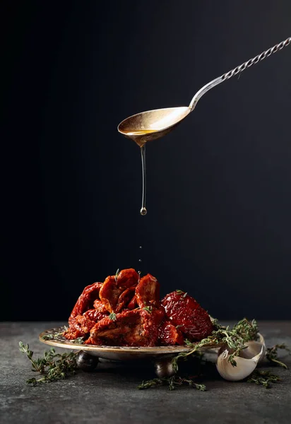 Sun Dried Tomatoes Olive Oil Stone Table Copy Space — Stock Photo, Image