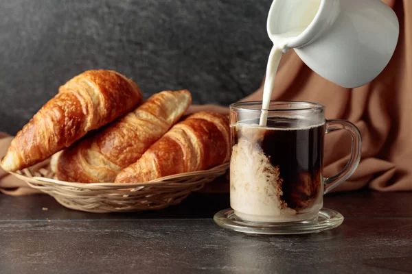 Freshly Baked Croissants Coffee Cream Pouring Creme Glass Cup Coffee — Stockfoto