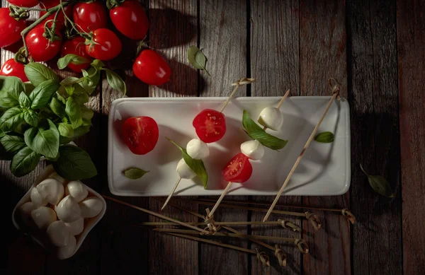 Mozzarella Basil Tomatoes Old Wooden Table Copy Space — Foto Stock