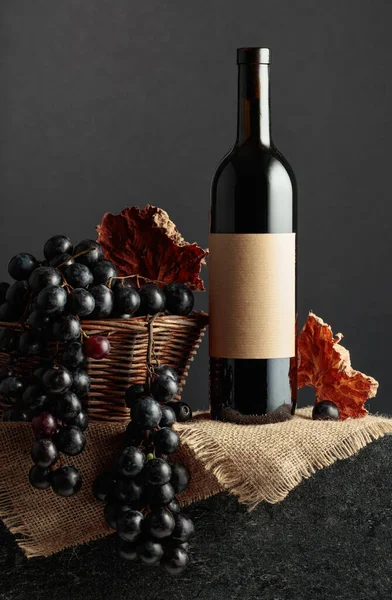 Juicy Blue Grapes Red Wine Black Background Bottle Old Empty — Stock Fotó