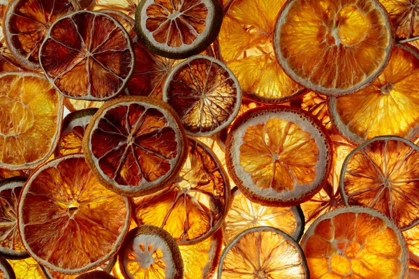 Sušené Citrusové Pozadí Sušené Křupavé Plátky Ovoce Zdravá Svačinka Horní — Stock fotografie