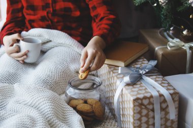 Sıcak bir atmosferde bir fincan çay ya da kahve içen bir kızın elleri. Ekose, kitap, kurabiye. Mutlu noeller. Seçici odak.