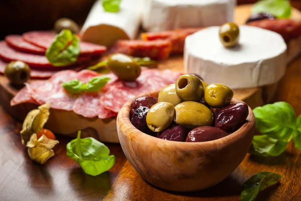 Fresh olives and antipasto catering platter — Stock Photo, Image