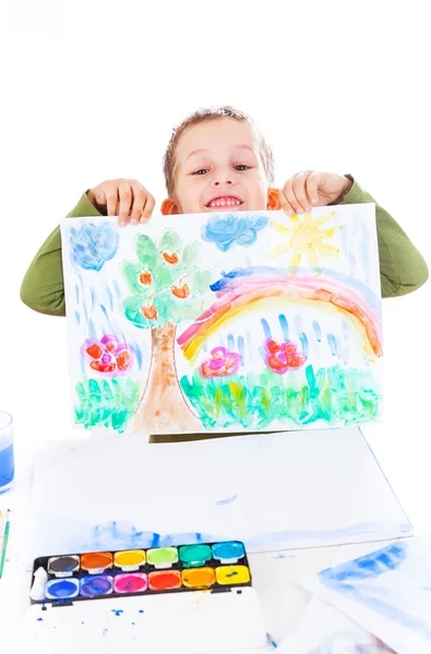 Ευτυχισμένο αγόρι που δείχνει η ζωγραφική — Φωτογραφία Αρχείου