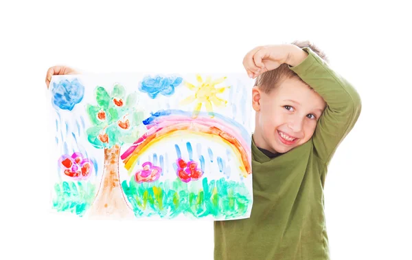 Ευτυχισμένο αγόρι που δείχνει η ζωγραφική — Φωτογραφία Αρχείου