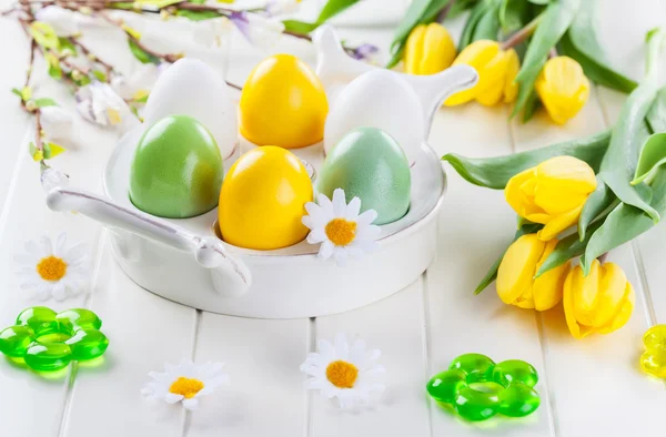Easter still life with fresh tulips — Stock Photo, Image