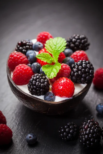 Coconut ice cream with fresh fruits — Stock Photo, Image