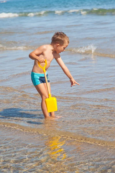 Rapaz à procura de conchas do mar — Fotografia de Stock