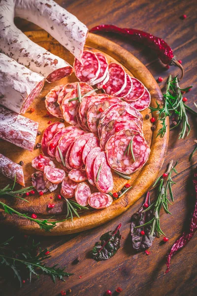 Charcuterie Assortment Air Dried Salami Sausage Wooden Cutting Board Spices — Stock Photo, Image