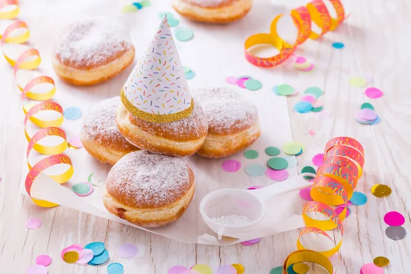 Traditional Berliner Party Hat Carnival Party German Krapfen Donuts Streamers — Stock Photo, Image