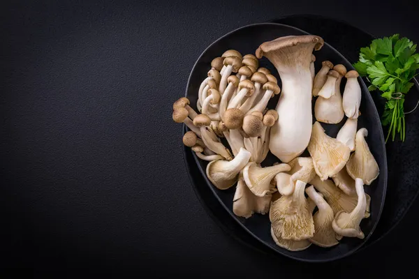 Assortiment Eetbare Paddestoelen Rijk Aan Umami Proeven Zwarte Achtergrond Beuk — Stockfoto