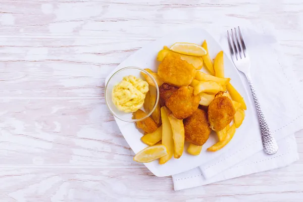 Fish Chips Dip Lemon White Plate — Stock Photo, Image