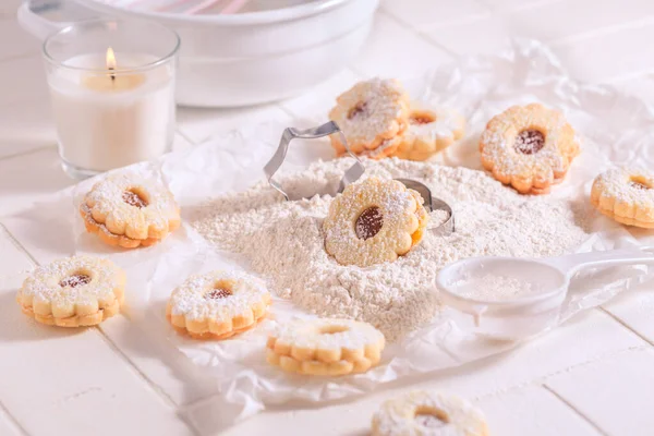 Biscoitos Caseiros Natal Com Ingredientes Cozimento Branco — Fotografia de Stock