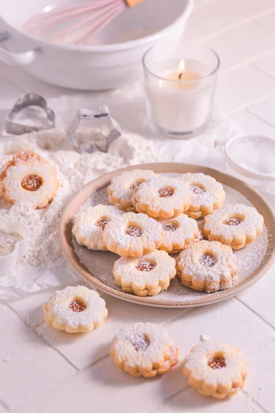 Biscoitos Caseiros Natal Com Ingredientes Cozimento Branco — Fotografia de Stock