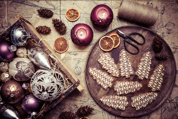 Різдвяне Печиво Формі Дерева Прикрасами Вінтажному Стилі — стокове фото