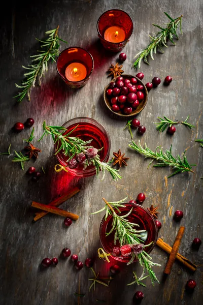 Vin Chaud Aux Canneberges Avec Romarin Pour Noël Hiver — Photo