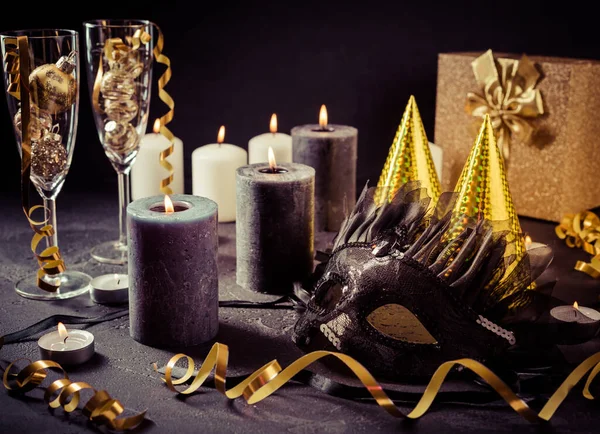 Party Still Life Carnival Mask Candles Black Background — Stockfoto