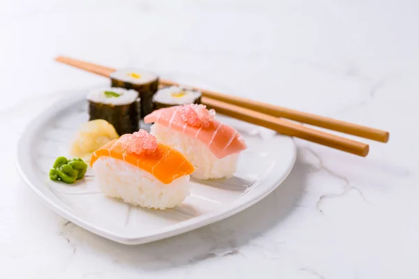 Assortment Vegan Sushi Vegetables Seitan Konjac Plant Tofu Fish Substitutes — Stock Photo, Image