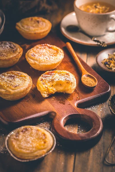 Pastel Nata Traditional Portuguese Egg Custard Tart Pastry Cup Tea — Stock Photo, Image