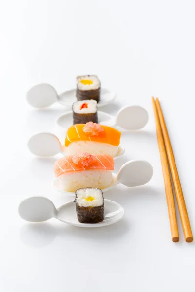 Assortment Vegan Sushi Vegetables Seitan Konjac Plant Tofu Fish Substitutes — Stock Photo, Image