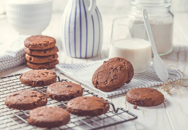 Double Chocolate Cookies Milk Kitche Table — Stock Photo, Image
