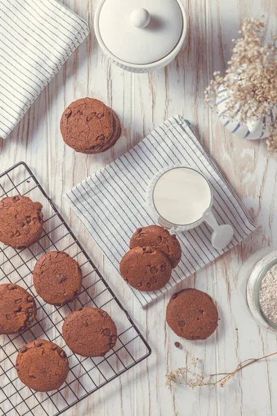 Double Chocolate Cookies Milk Kitche Table — Stock Photo, Image