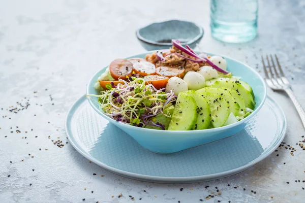 Fresh Green Mixed Salad Bowl Tuna Mozzarella Microgreens — Stock Photo, Image
