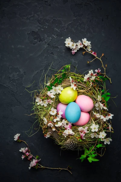 Med Påskägg Och Blommande Grenar Svart Bakgrund Med Kopieringsutrymme — Stockfoto