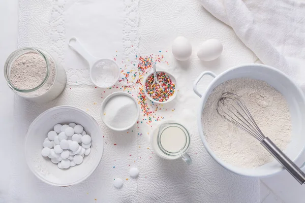 Baking Background Flour Eggs Sugar Sprinkles Kitchen Tools Utensils White — Stock Photo, Image