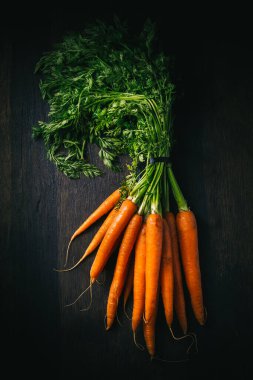 Organic carrots with green stem on wooden dark background