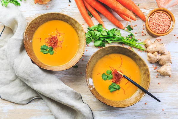Домашній Червоний Сочевичний Суп Морквою Імбиром Кокосовим Молоком Інгредієнтами — стокове фото
