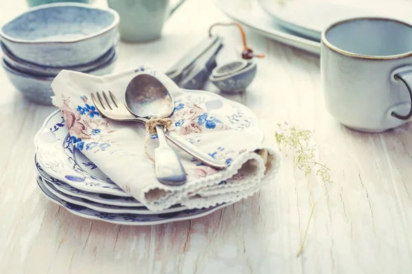 Sustainability Concept Stoneware Kitchenware Wooden Kitchen Table — Stockfoto