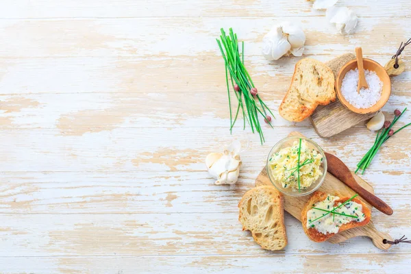 Homemade Garlic Butter Herbs Chives Fresh Roasted Baguette Salt Copy — ストック写真