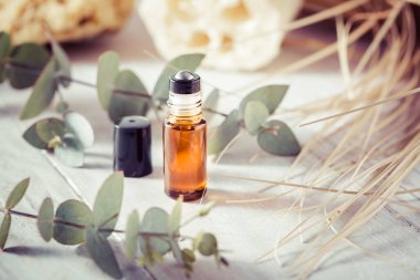 Doğal el yapımı kozmetik ürünleri, gerekli yağ çubuğu, okaliptüs dalı ve güzellik ürünleriyle dolu bir şişe.