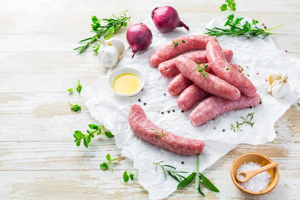 Raw Sausages Prepared Bbq Grill Herbs Onions — Stock Photo, Image