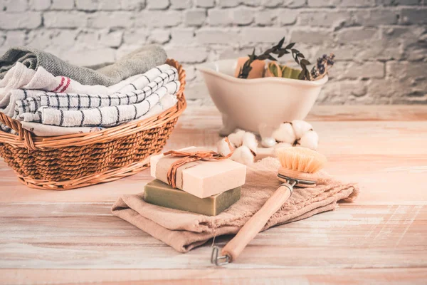 Handmade Natural Bar Soaps Cotton Towels Ethical Sustainable Zero Waste — ストック写真