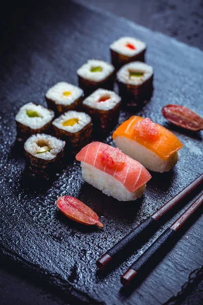 Assortment Vegan Sushi Vegetables Seitan Konjac Plant Tofu Fish Substitutes — Stock Photo, Image