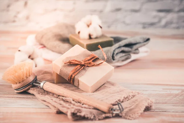 Handmade Natural Bar Soaps Cotton Towels Ethical Sustainable Zero Waste — Stockfoto