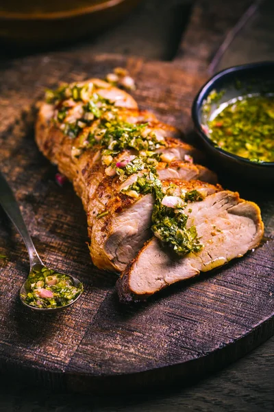 Homemade Grilled Pork Steak Chimichurri Verde Sauce Cutting Board Dark — Stockfoto