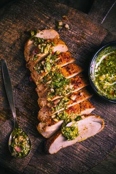 Homemade Grilled Pork Steak Chimichurri Verde Sauce Cutting Board Dark — Stockfoto