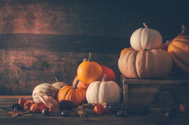 Kırsal sonbahar, balkabaklarıyla ve ahşap bir yüzeyde altın yapraklarla sakin bir hayat.