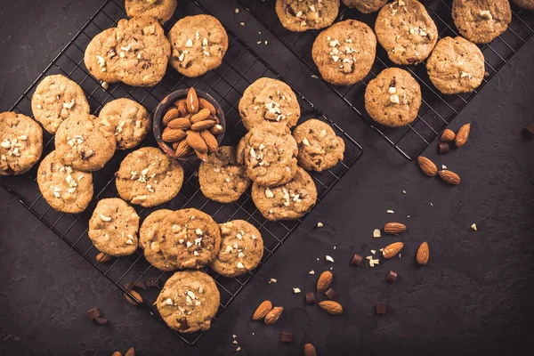 Homemade Healthy Almond Cookies Chocolate Chips Black Background — Stockfoto