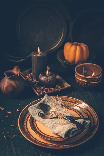 Restaurant Herbstliche Tischdekoration Erntedankfest Ort Der Herbstlichen Dekoration — Stockfoto